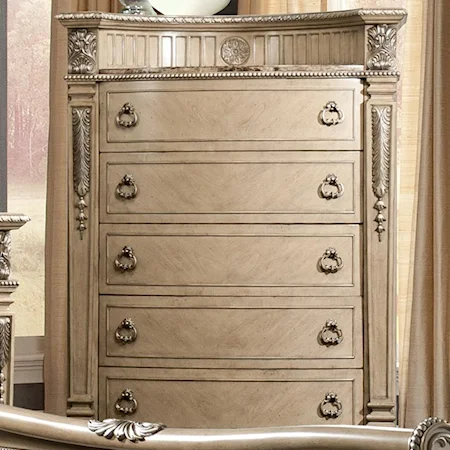 Traditional Five Drawer Chest with Embossed Gallery and Laminate Marble Top